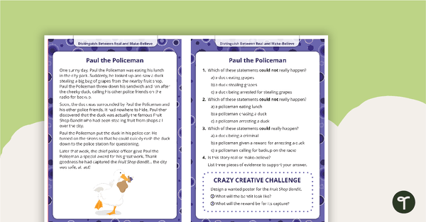 Comprehension Task Cards - Distinguishing Between Real And Make-Believe teaching resource