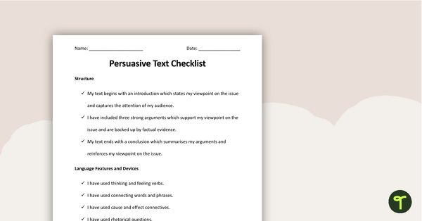 Preview image for Persuasive Writing Checklist - Structure, Language and Features - teaching resource