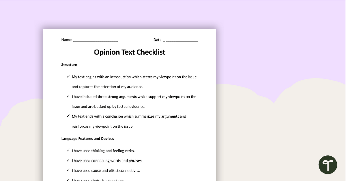 Opinion Writing Checklist - Structure, Language and Features teaching resource