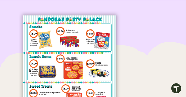 Go to Pandora's Party Palace Maths Activity – Lower Years teaching resource