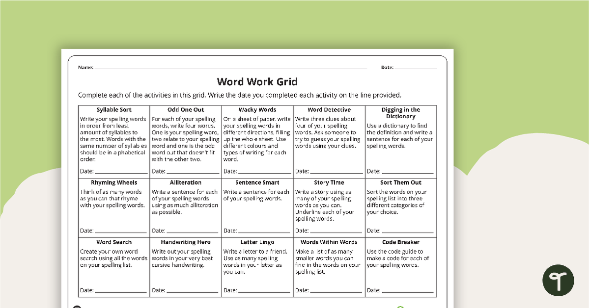 Word Work Grid and Worksheets – Version 1 teaching resource