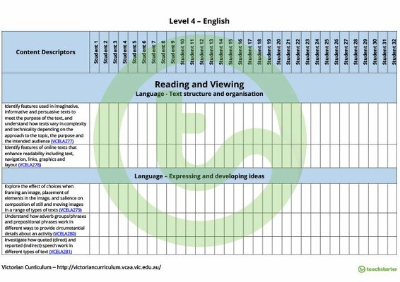 English Term Tracker (Victorian Curriculum) - Level 4 teaching resource