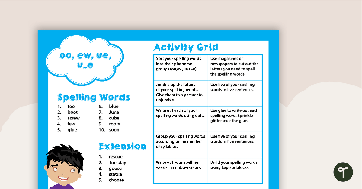 Weekly Spelling Words and Activity Grid - Lower Grades teaching resource