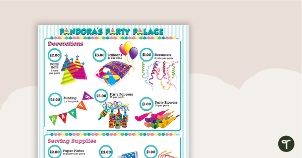 Pandora's Party Palace Maths Activity – Lower Years teaching resource