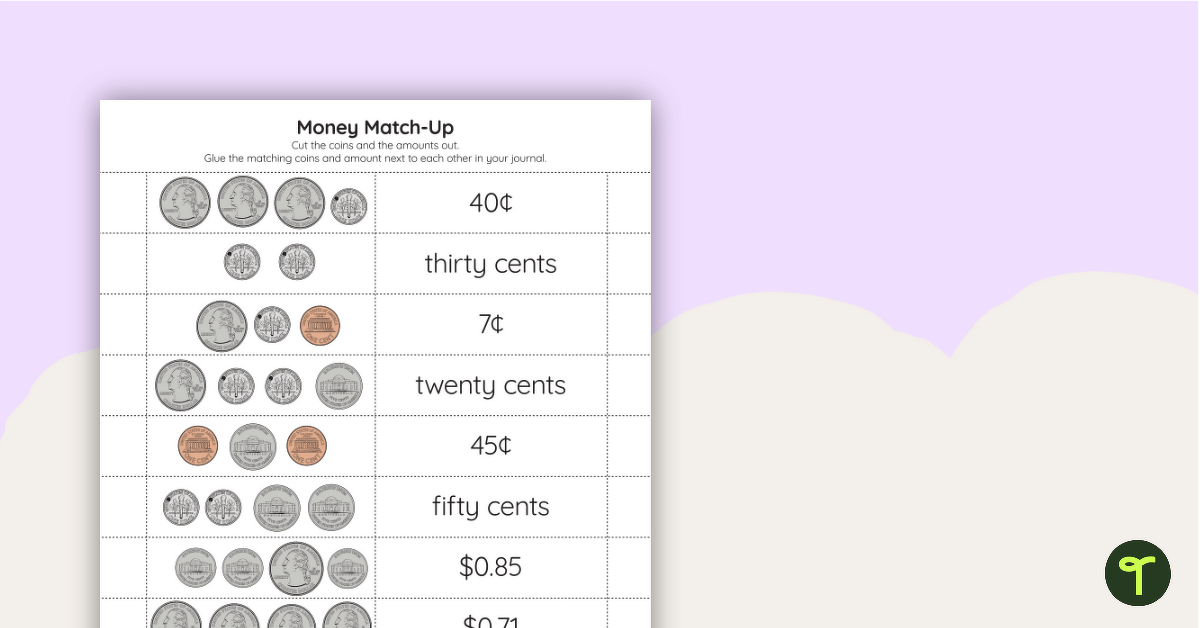 Money Match-Up Activity (US Currency) teaching resource