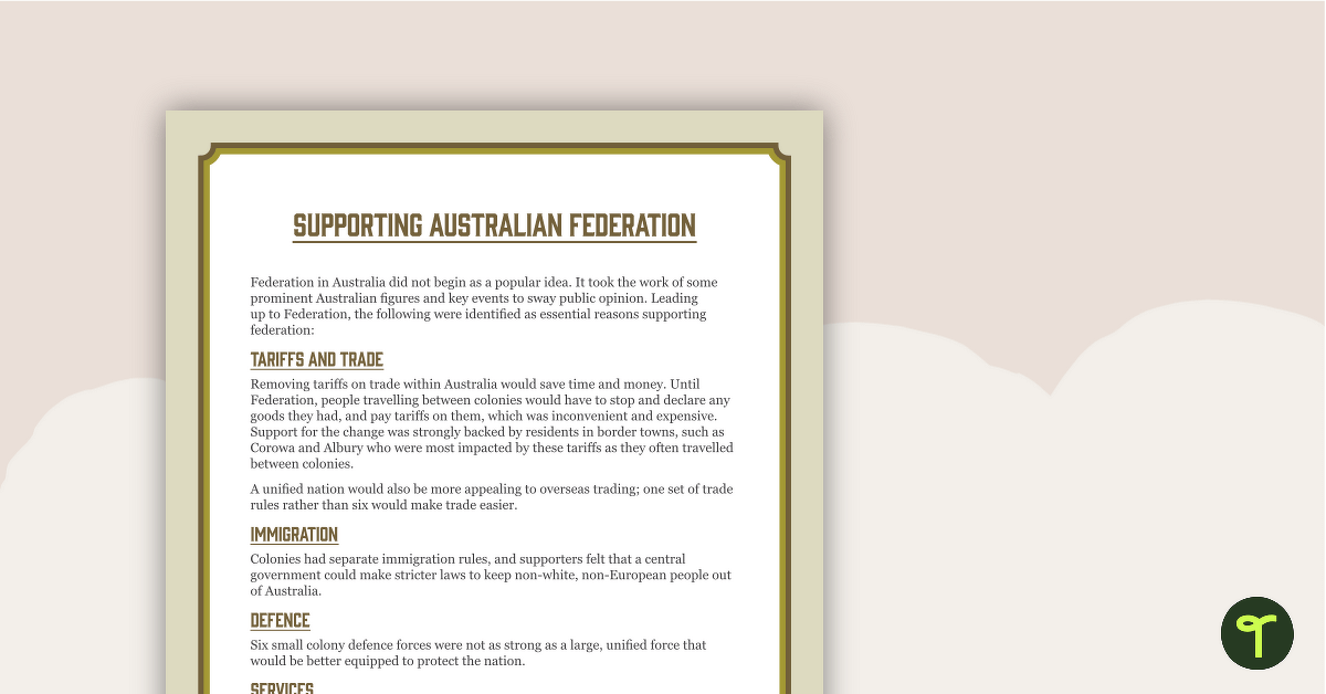Support and Opposition For Federation - Fact Sheet teaching resource