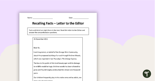 Go to Recalling Facts - Letter to the Editor Activity teaching resource