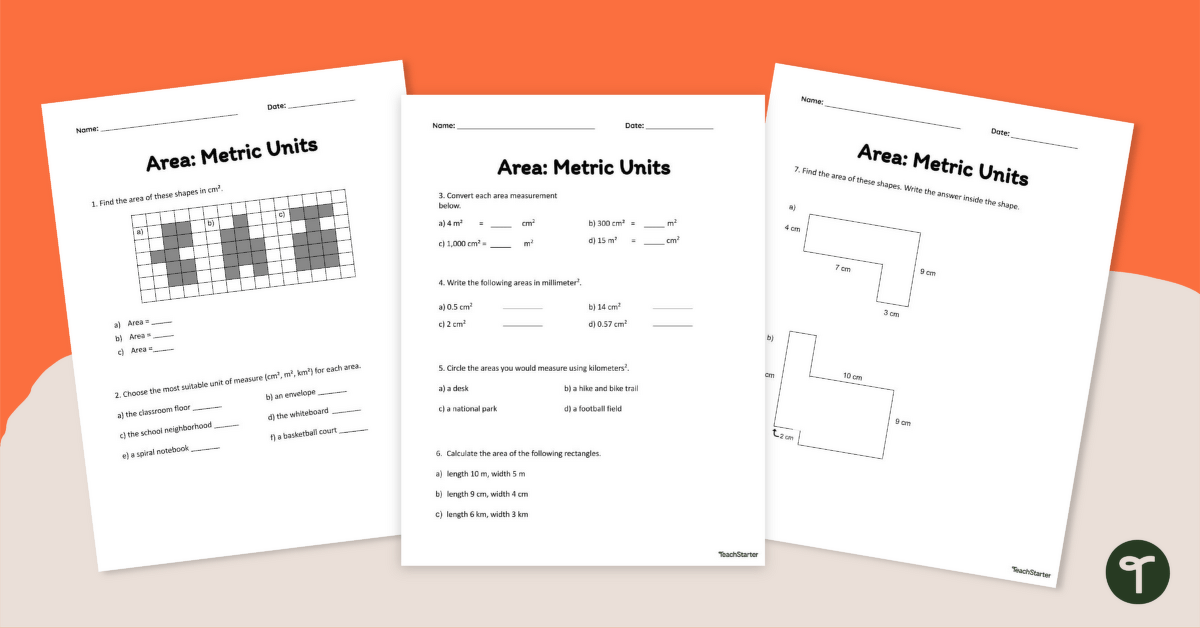Area Worksheets (Metric Units) teaching resource
