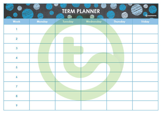 Editable Blue Chalkboard Themed 9, 10 and 11 Week Term Planners teaching resource