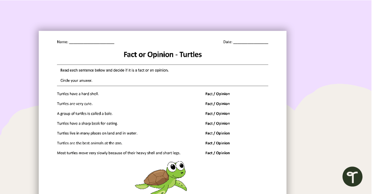 Fact or Opinion - Turtle Worksheet teaching resource