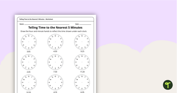 Go to Telling Time to the Nearest 5 Minutes - Worksheet teaching resource