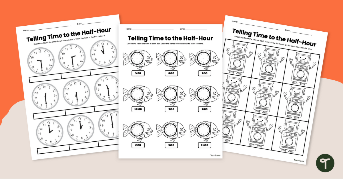 Telling Time to the Hour and Half-Hour - Worksheet teaching resource