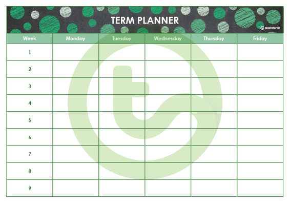 Editable Green Chalkboard Themed 9, 10 and 11 Week Term Planners teaching resource