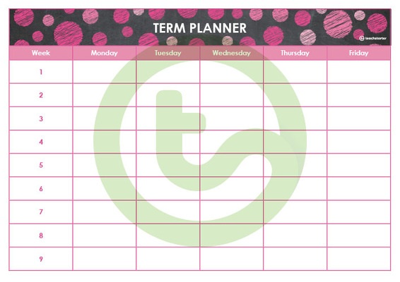 Editable Pink Chalkboard Themed 9, 10 and 11 Week Term Planners teaching resource