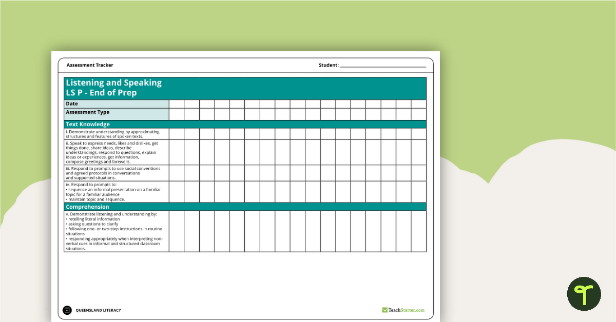 Literacy Assessment Tracker - Listening and Speaking Prep to Year 7 (QLD) teaching resource
