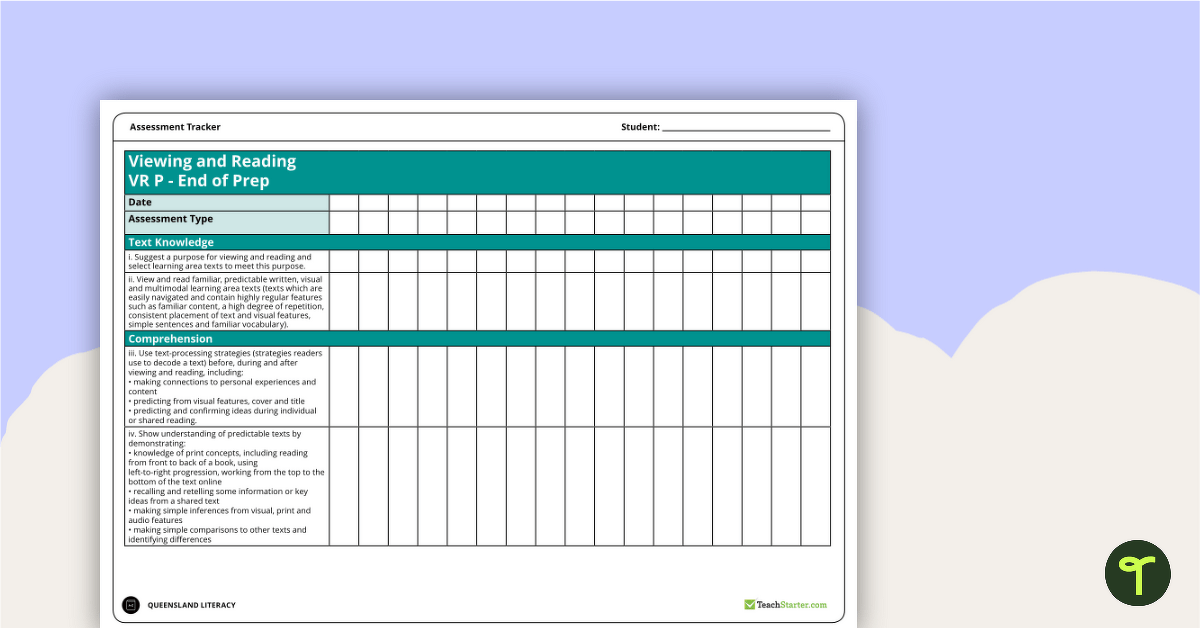 Literacy Assessment Tracker - Viewing and Reading Prep to Year 7 (QLD) teaching resource