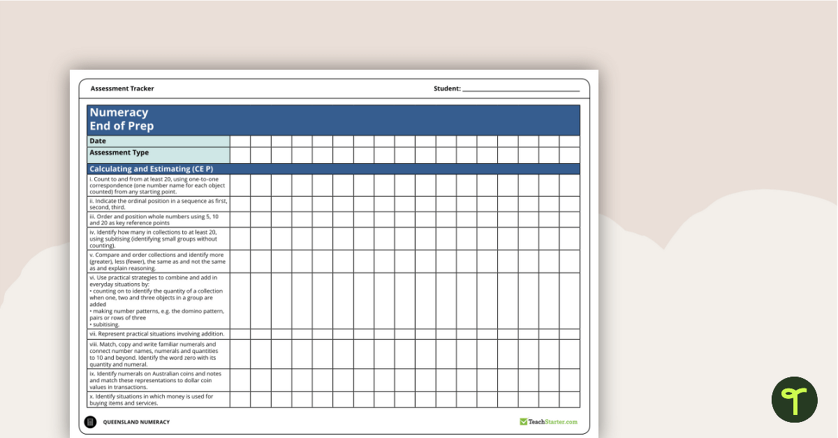 Numeracy Assessment Tracker - Prep (QLD) teaching resource