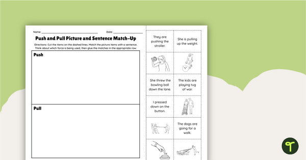 Push and Pull - Picture and Sentence Sort Worksheet teaching resource