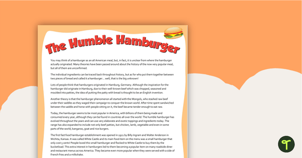 Comprehension - The Humble Hamburger teaching resource