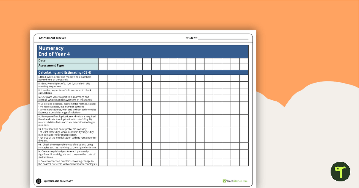 Numeracy Assessment Tracker - Year 4 (QLD) teaching resource