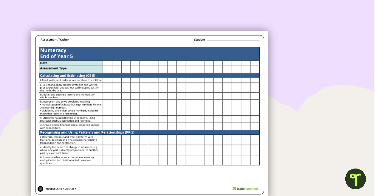 Numeracy Assessment Tracker - Year 5 (QLD) teaching resource