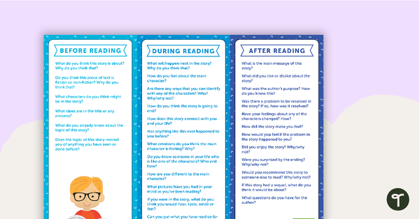 Before, During and After Reading Fiction - Question Prompts teaching resource