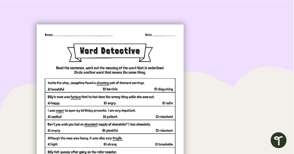 Finding Word Meaning In Context - Word Detective Worksheet teaching resource