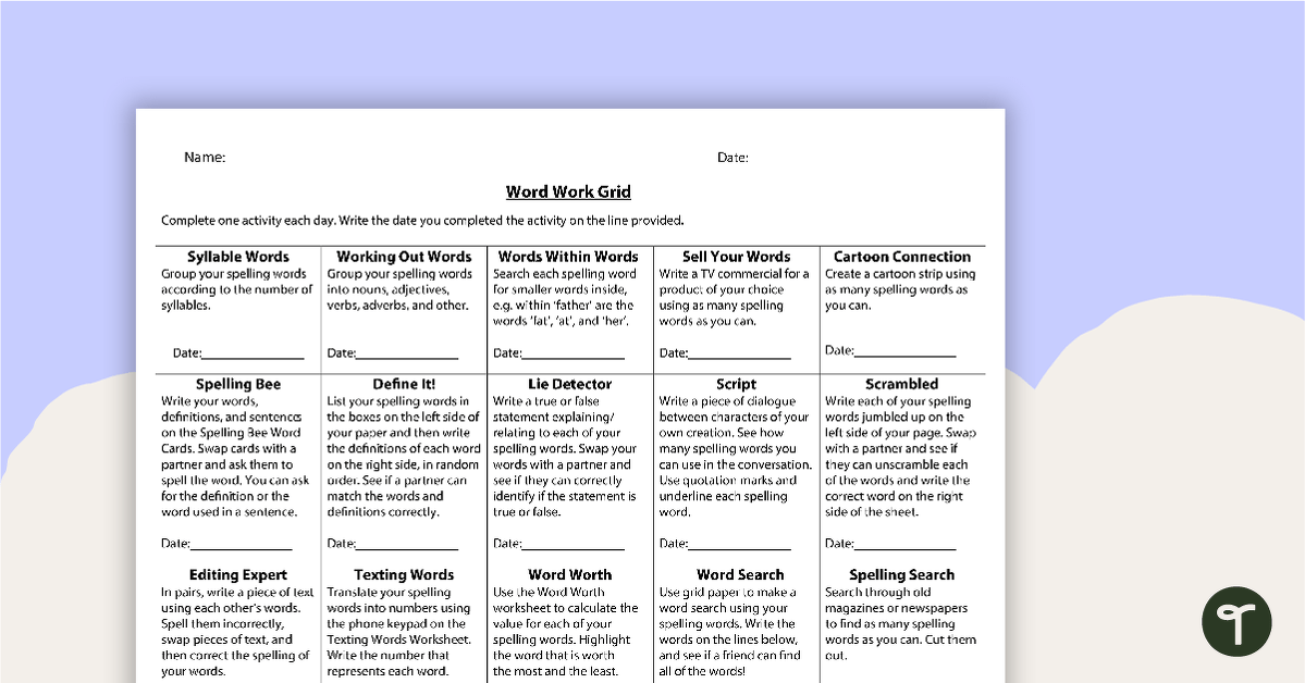 Word Work Grid and Worksheets - Version 2 teaching resource