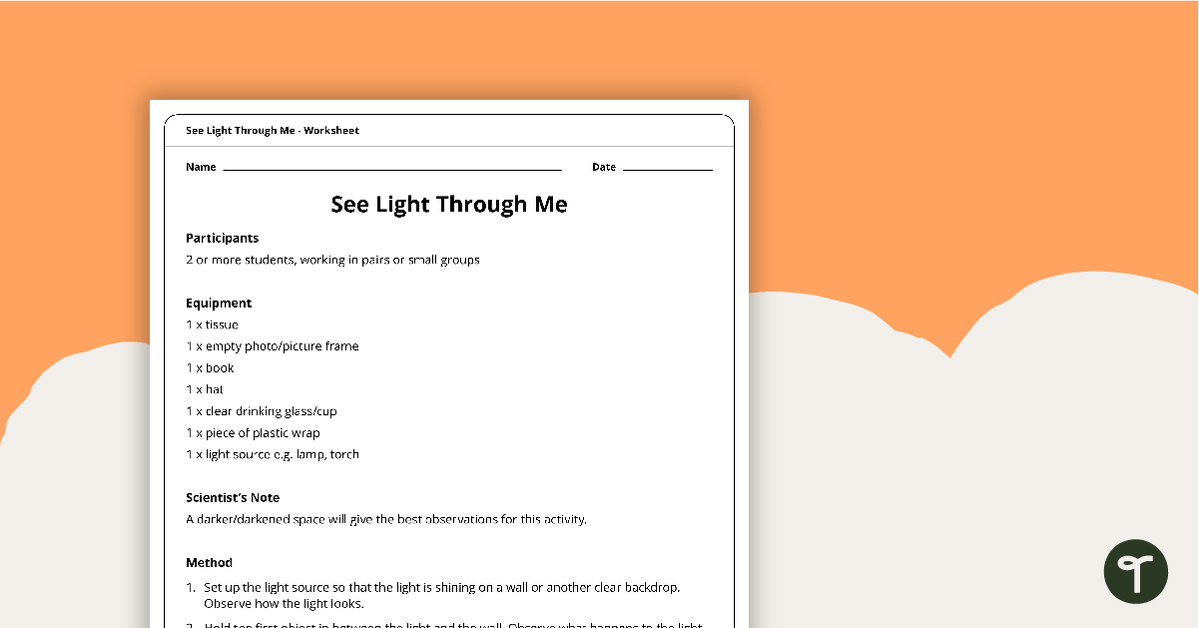 See Light Through Me Worksheet teaching resource