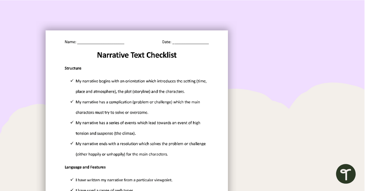 Narrative Writing Checklist - Structure, Language and Features teaching resource