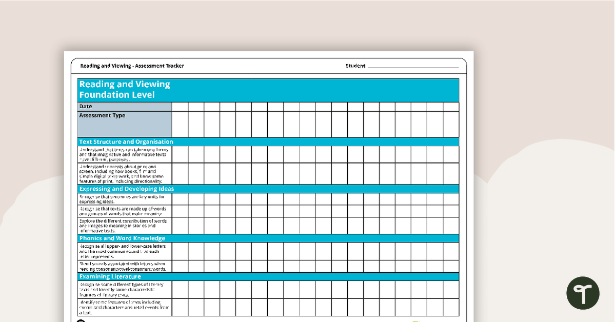 Literacy Assessment Tracker - Reading and Viewing (VIC) Foundation to Year 7 teaching resource