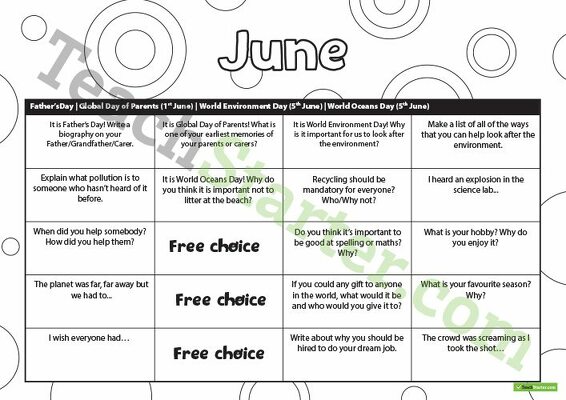 Assorted Writing Prompts Calendar - Upper Primary teaching resource