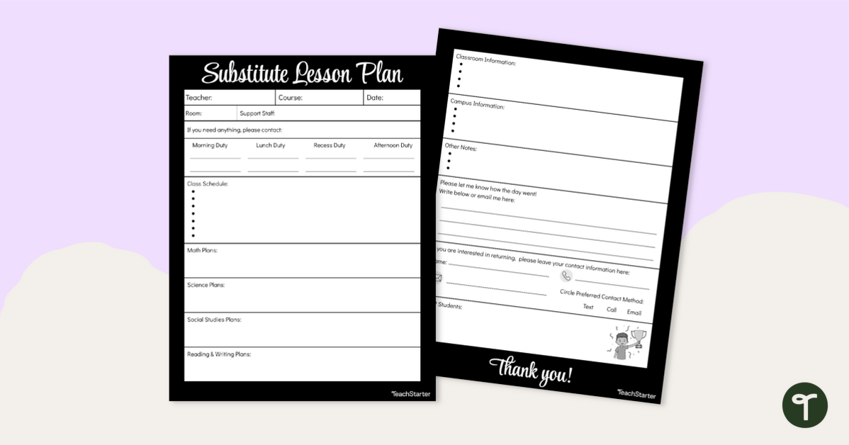 Editable Sub Plan Template teaching resource