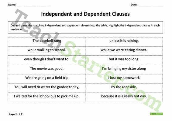 Independent and Dependent Clauses - Matchup Activity teaching resource