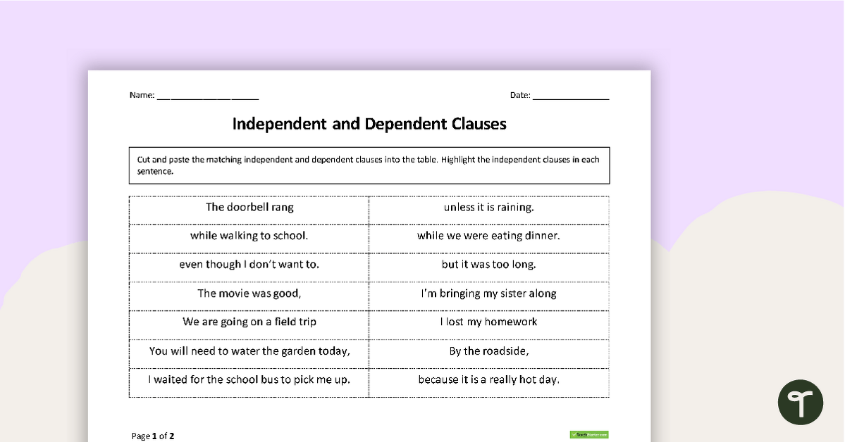 Independent and Dependent Clauses - Matchup Activity teaching resource