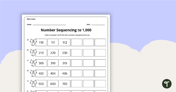 Number Sequencing To 1 000 Worksheet Teach Starter
