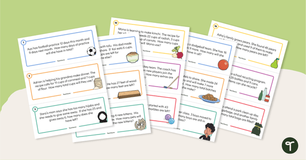 Go to Addition and Subtraction Word Problem Task Cards (Numbers 1-50) teaching resource