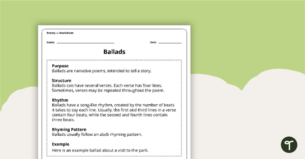 Writing a Ballad Worksheet teaching resource