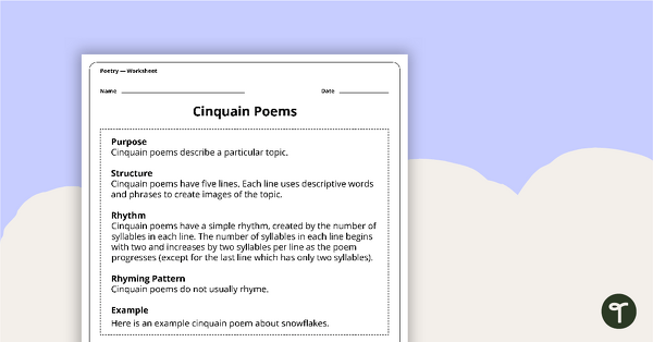 Go to Writing a Cinquain Poem Worksheet teaching resource