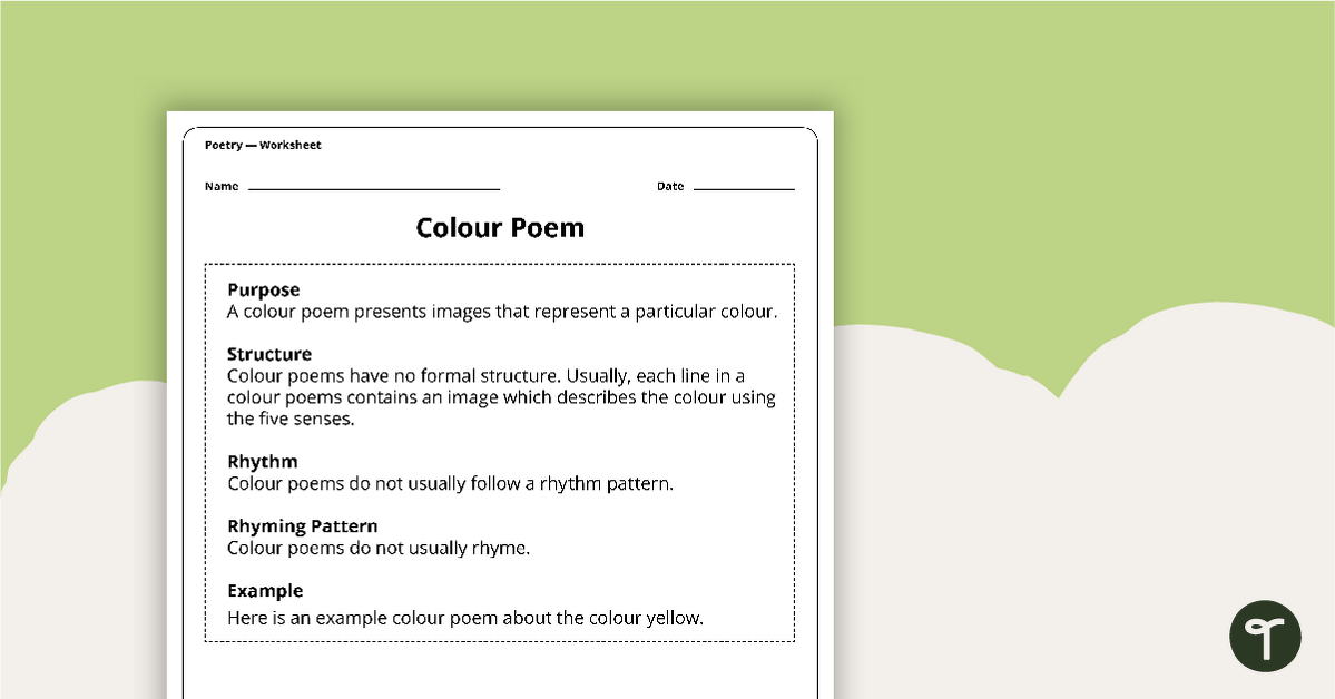 Writing a Colour Poem Worksheet teaching resource
