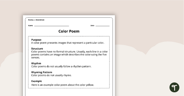 Writing a Color Poem Worksheet teaching resource