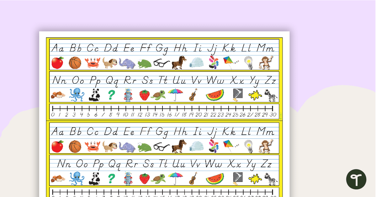 Desk Plate Alphabet and Number Line with Pictures - 0-30 teaching resource