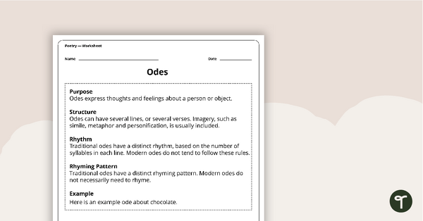 Preview image for Writing an Ode Worksheet - teaching resource