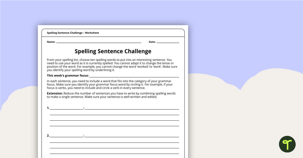 Spelling Sentence Challenge Worksheet teaching resource