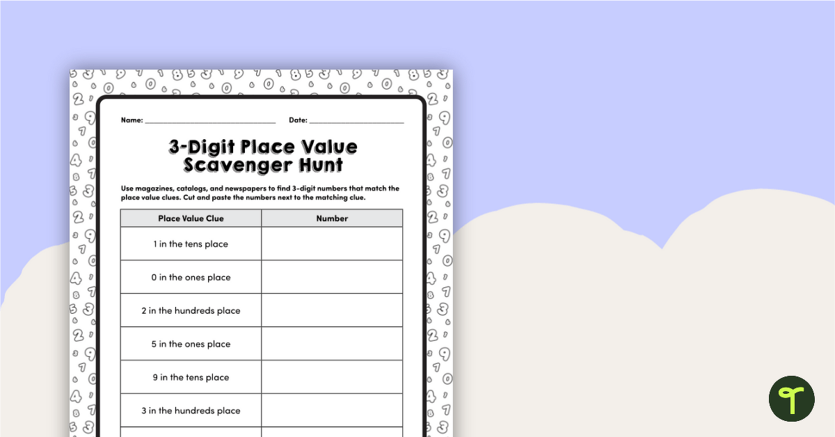 3-Digit Place Value Scavenger Hunt Worksheet teaching resource