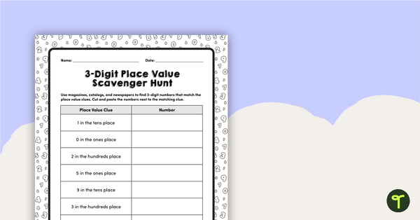 Image of 3-Digit Place Value Scavenger Hunt Worksheet