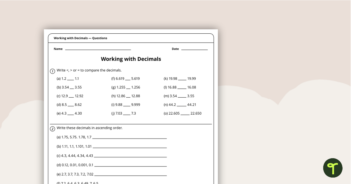 Compare and Order Decimals – 5th Grade Math Worksheet teaching resource