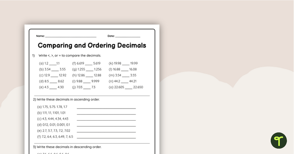 Preview image for Comparing and Ordering Decimals - Worksheet - teaching resource