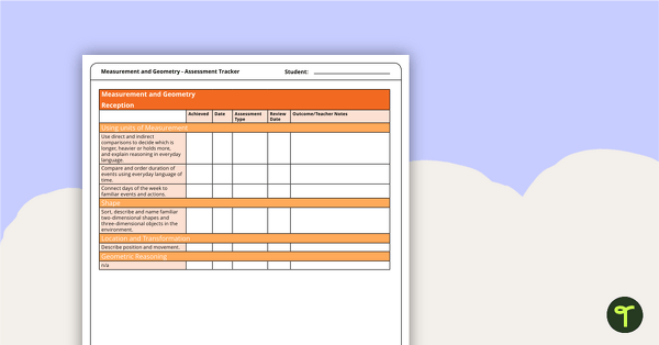 Mathematics Assessment Tracker - Measurement and Geometry (SA - Reception to Year 7) teaching resource