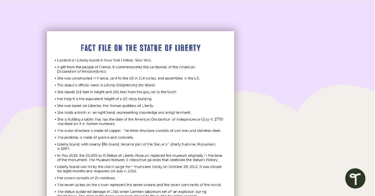 Statue of Liberty Comprehension Worksheet teaching resource